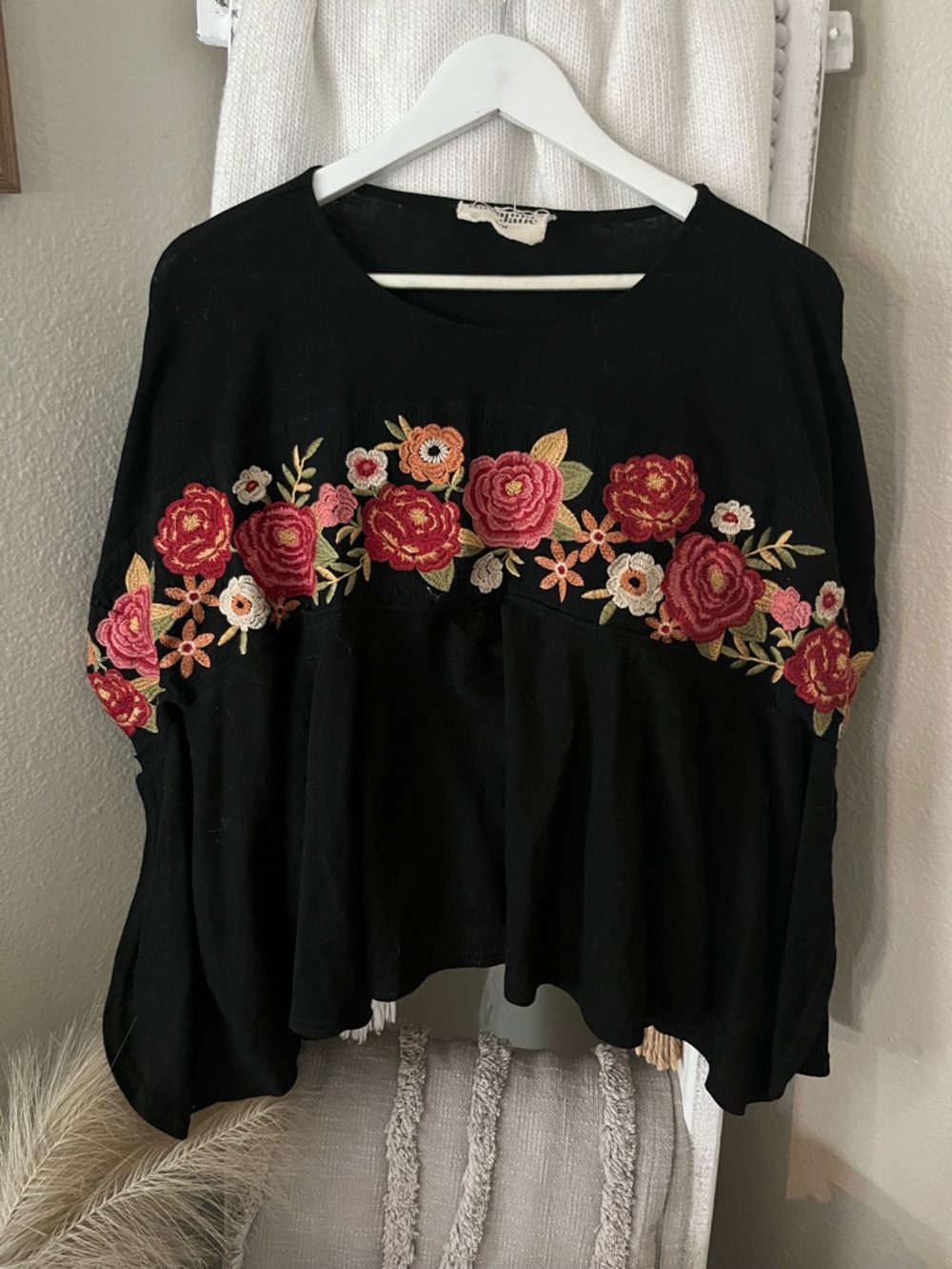 Savanna Jane Black Tunic with Pink and Red Rose Embroidery